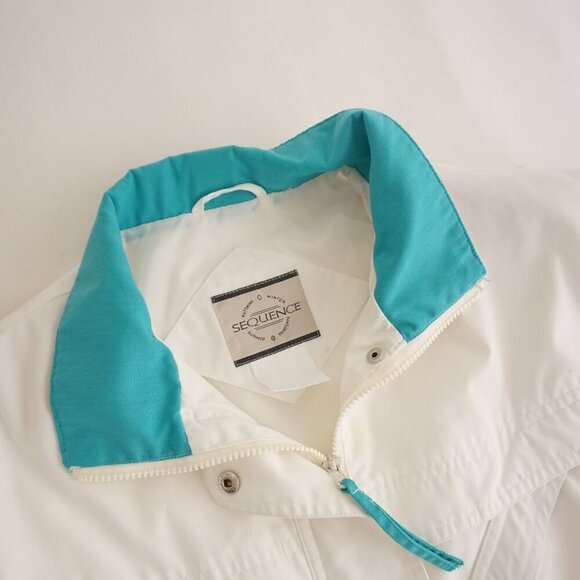 Vintage Sequence White w Teal Trim Cotton Zip Up Nylon Lined Utility Jacket XL - Picture 11 of 11